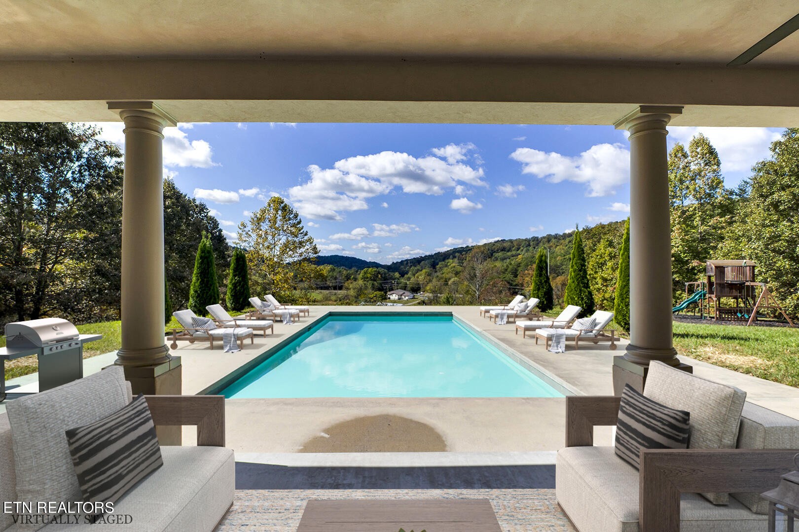 405 Beard Valley Road Maynardville, TN 37807 - Photo 47 of 60 a view of swimming pool with seating area and mountain view