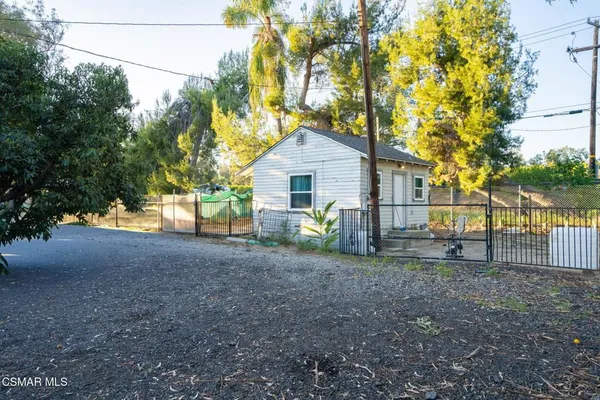 a view of a yard with plants and trees