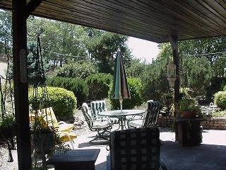 8900 Chalk Hill Road Healdsburg, CA 95448 - Photo 10 of 11 a view of a patio with table and chairs potted plants and large tree
