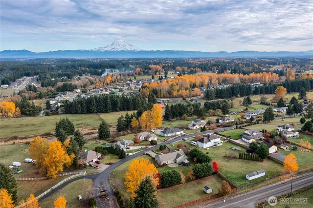 an aerial view of a house with a garden