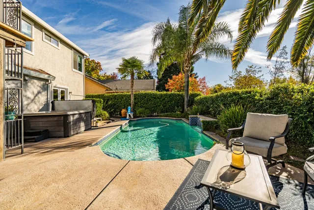 a view of a patio with table and chairs potted plants and palm trees