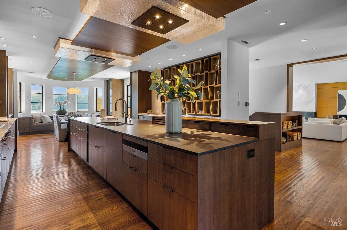 608 Seminary Drive Mill Valley, CA 94941 - Photo 13 of 67 a kitchen with lots of counter space a sink and view of living room