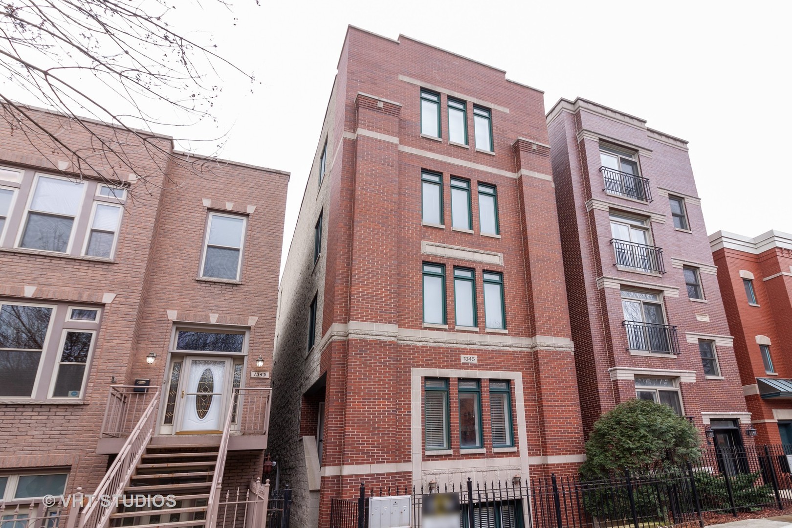 a front view of a multi story building