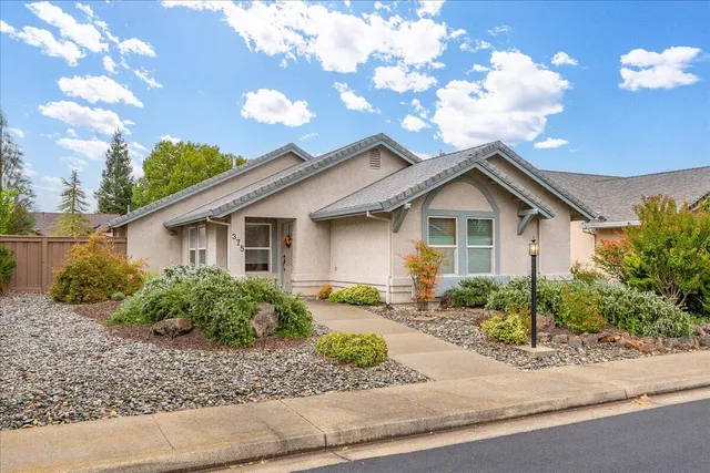 a view of house with a yard and potted plants