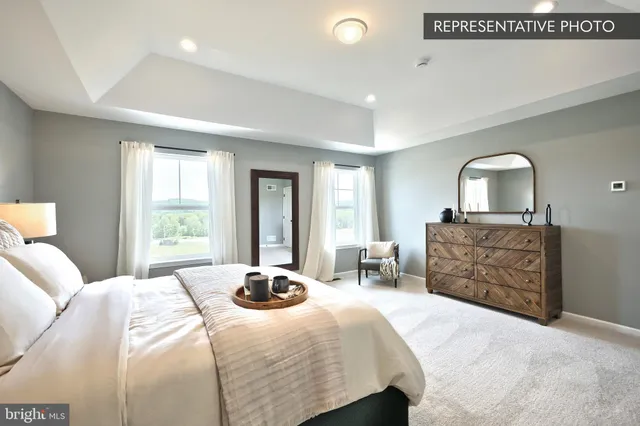 a bedroom with a bed and dresser with mirror