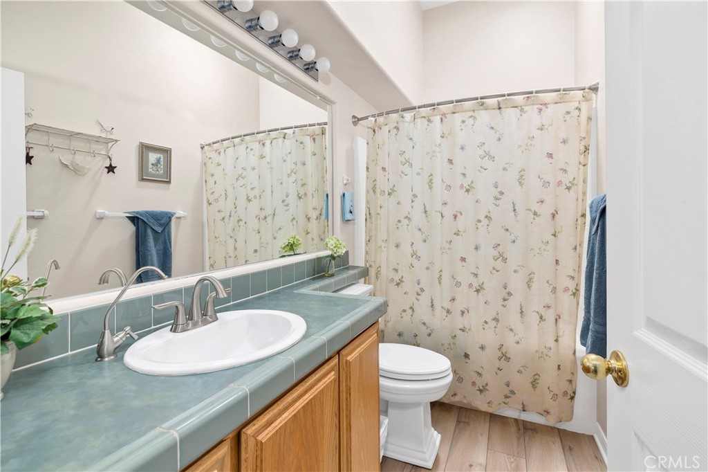 39597 Calle Escalona Temecula, CA 92592 - Photo 35 of 61 a bathroom with a granite countertop sink a toilet a mirror and shower curtain