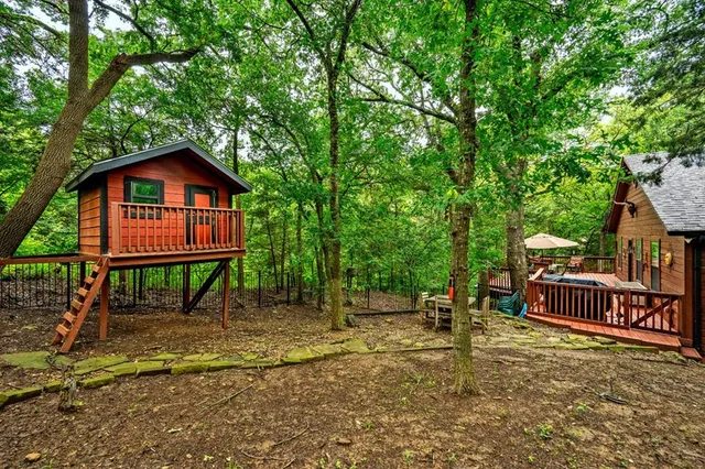 a view of a park with large trees