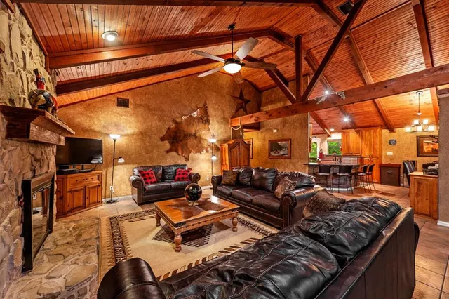 a living room with furniture a fireplace and a ceiling fan