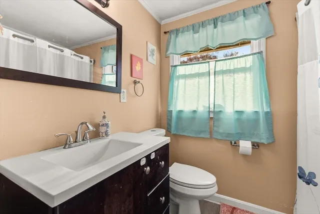 a bathroom with a sink toilet and mirror