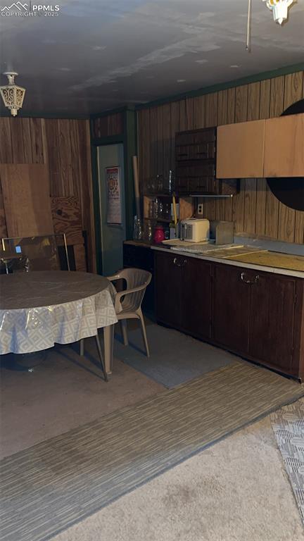 1041 Florence Avenue Colorado Springs, CO 80905 - Photo 16 of 27 Kitchen with wooden walls, light countertops, and dark brown cabinetry