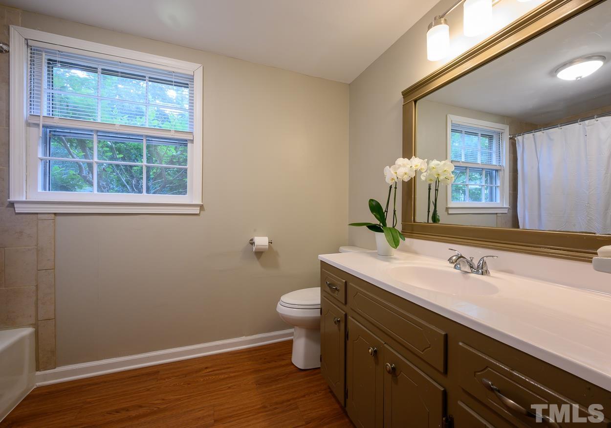 4208 Waterbury Road Raleigh, NC 27604 - Photo 17 of 24 a bathroom with a sink a toilet and a mirror