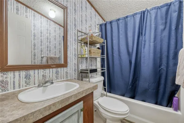 a bathroom with a granite countertop sink toilet a mirror and shower curtain