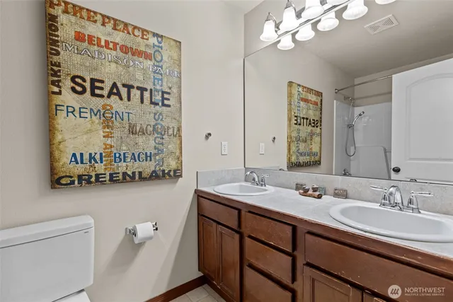 a bathroom with a sink a mirror and a shower
