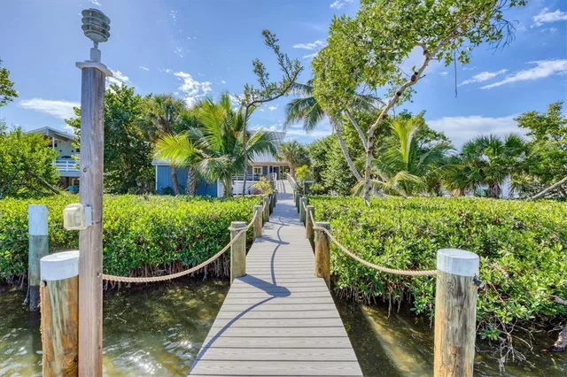 a view of a garden with wooden bridge