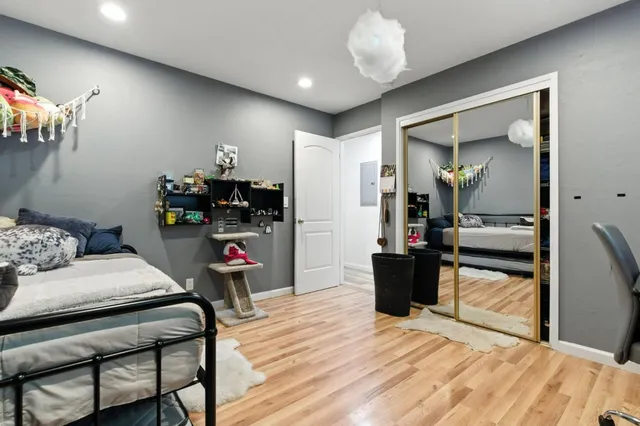 a deck with trees in front of it