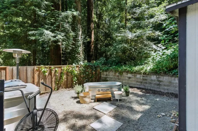 a view of balcony with furniture