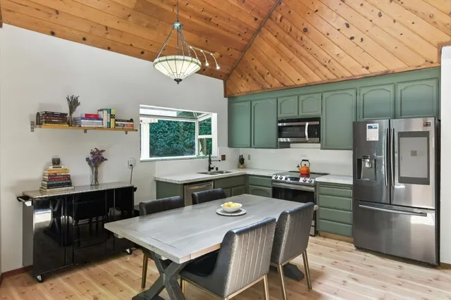 a kitchen with stainless steel appliances a stove a sink and a microwave