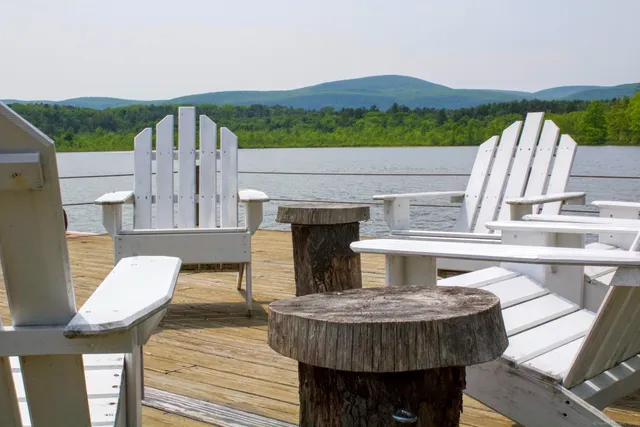 an outdoor space with furniture
