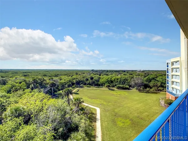 a view of a large pool with lawn chairs and large trees