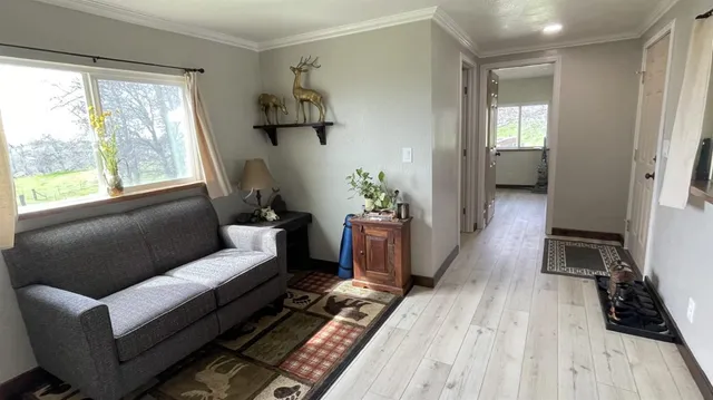 a living room with furniture wooden floor and a table
