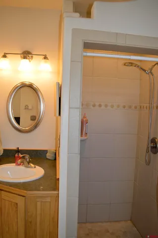 a bathroom with a bathtub and shower