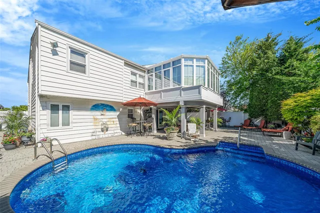 an outdoor space with furniture