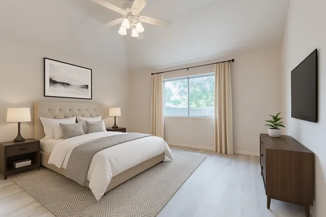 a bedroom with a bed and a flat screen tv