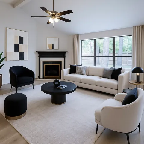 a living room with furniture a fireplace and a large window
