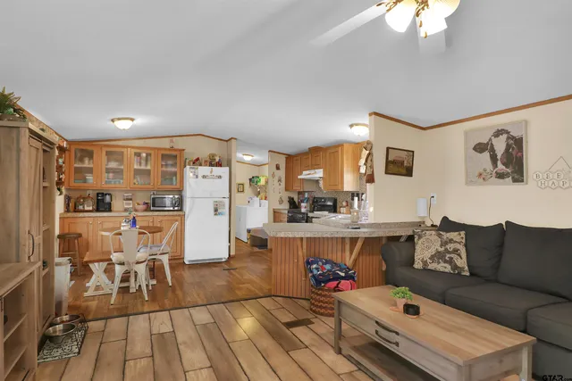 a living room with furniture and a dining table with kitchen view