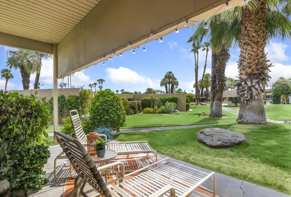 a view of a backyard with plants and a patio