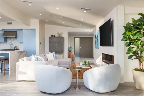 a living room with furniture potted plant and a fireplace