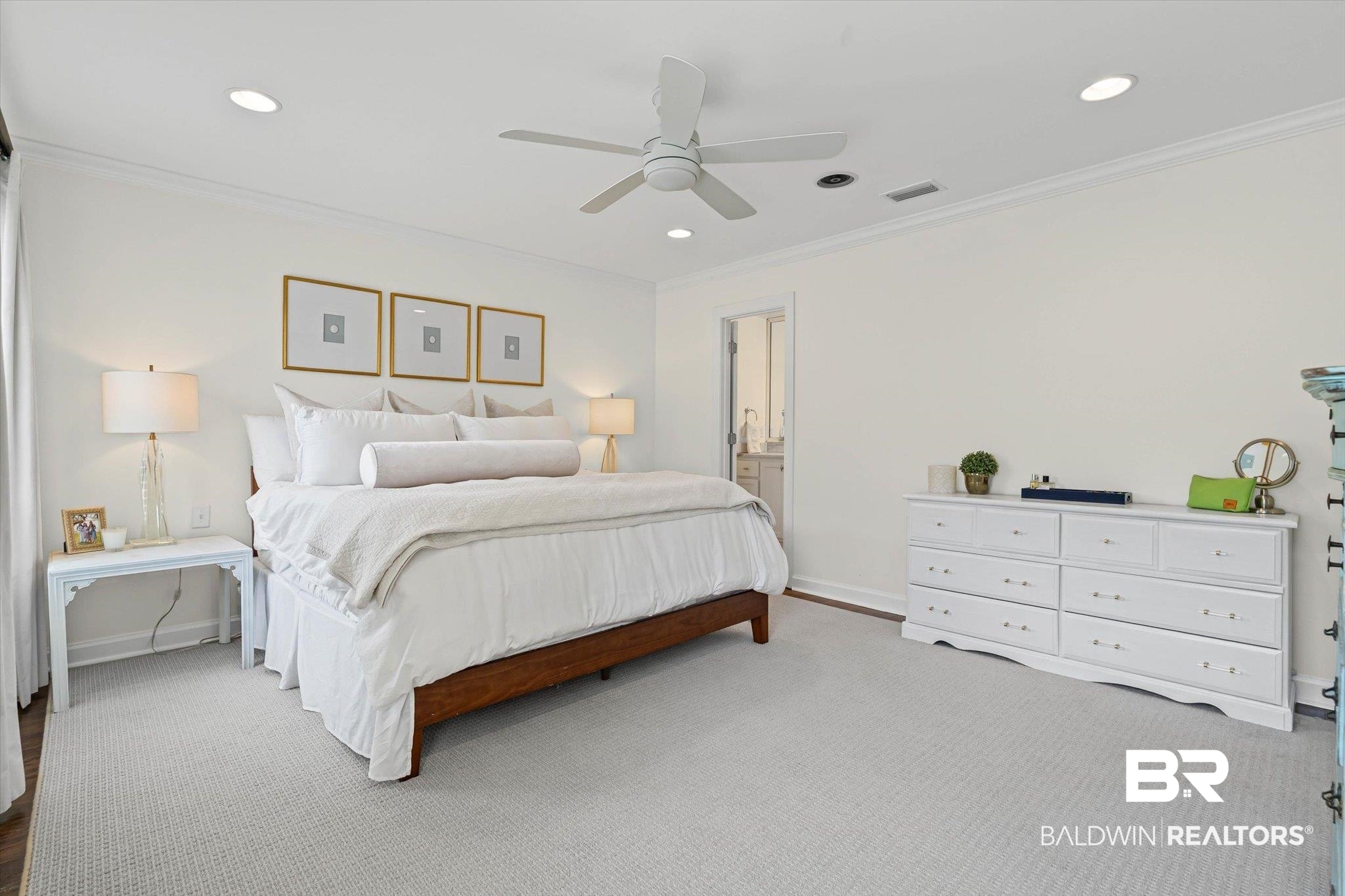 77 North Hathaway Road Mobile, AL 36608 - Photo 16 of 33 Bedroom featuring carpet, a ceiling fan, ornamental molding, and recessed lighting