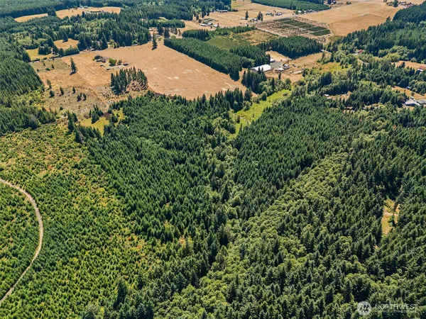 an aerial view of a house with yard