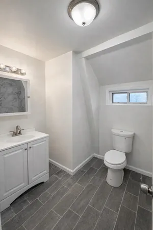 a bathroom with a toilet a sink and mirror