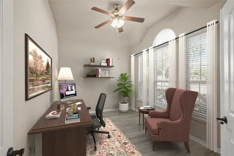 a dining room with furniture and window