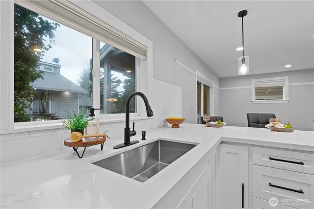 a kitchen with a sink and a potted plant