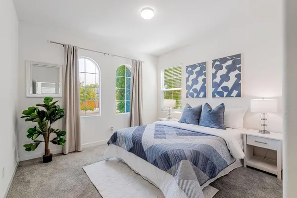 a bedroom with a bed a potted plant and a window