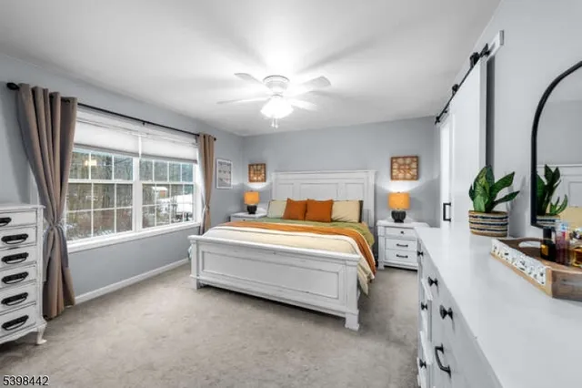 a bedroom with a large bed and a chandelier