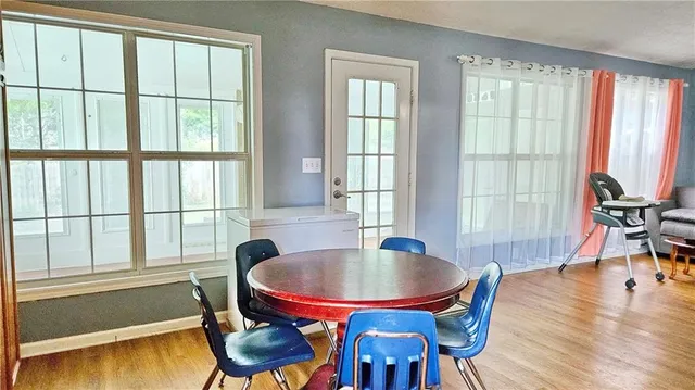 a view of a dining room with furniture window and wooden floor