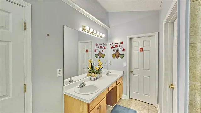 a bathroom with a sink vanity and a mirror