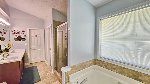 a bathroom with a tub sink and mirror