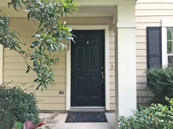 a couple of potted plants in front of door