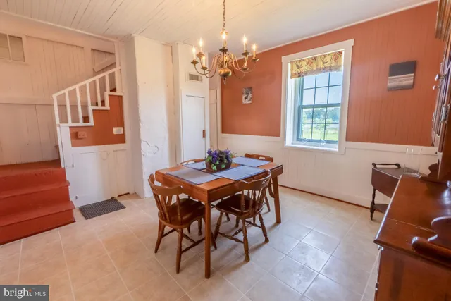a dining room with furniture and window