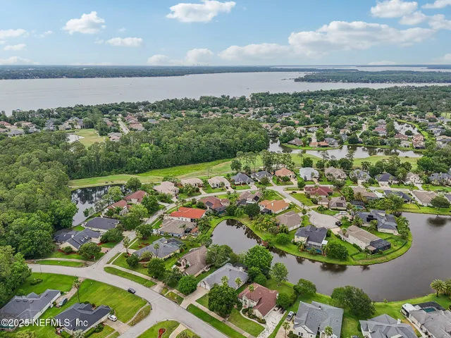 an aerial view of a house with a yard and large tree
