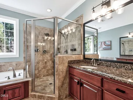 a bathroom with a granite countertop sink mirror and shower