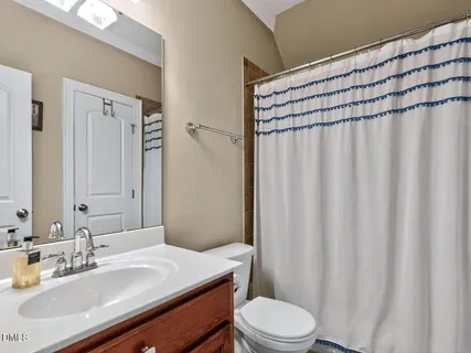 a bathroom with a sink a toilet a mirror and shower curtain