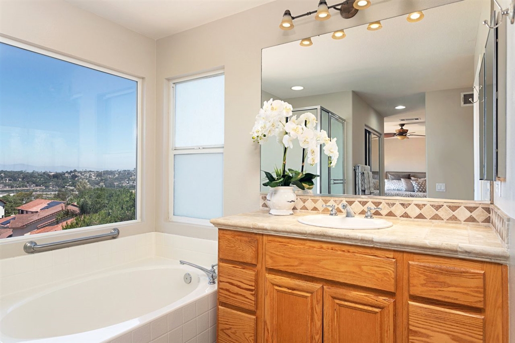 3530 Harwich Drive Carlsbad, CA 92010 - Photo 20 of 25 a bathroom with a bathtub a sink and a large mirror