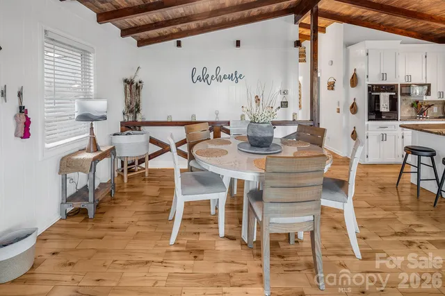 a view of a dining room with furniture