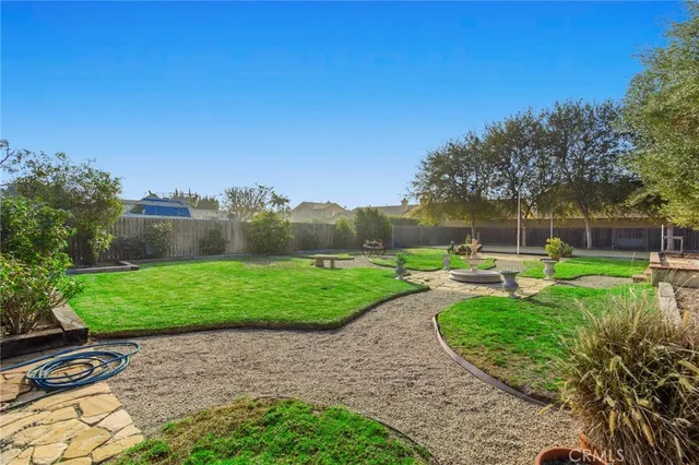 a view of a garden with large trees
