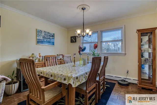 a view of a dining room with furniture